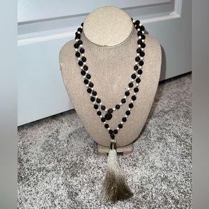 Buddha Guru Black Lava Bead Tassel Necklace